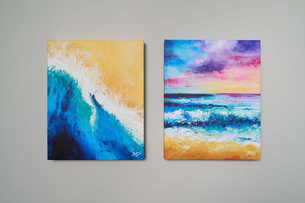Two ocean wave paintings, one calm and serene, the other turbulent and powerful.