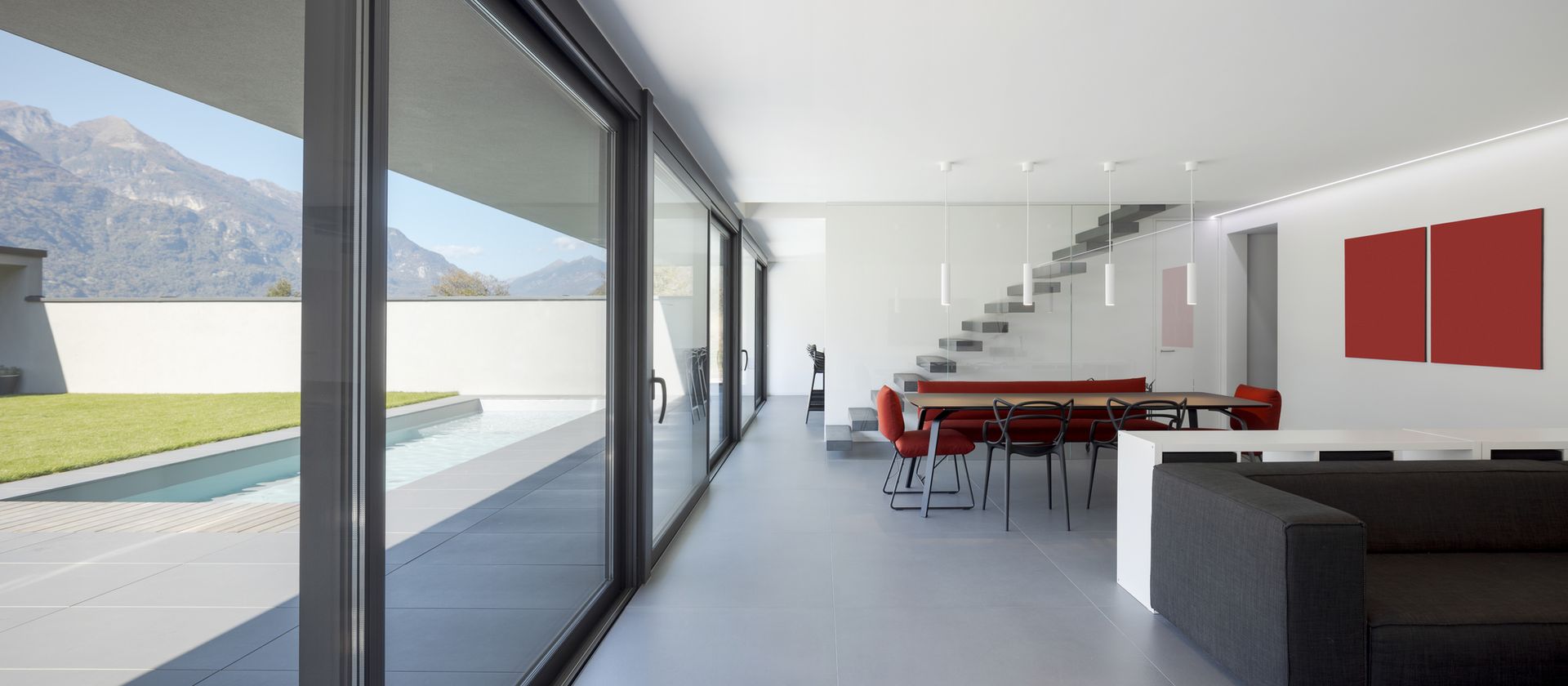 Sleek living room design with sliding glass doors
