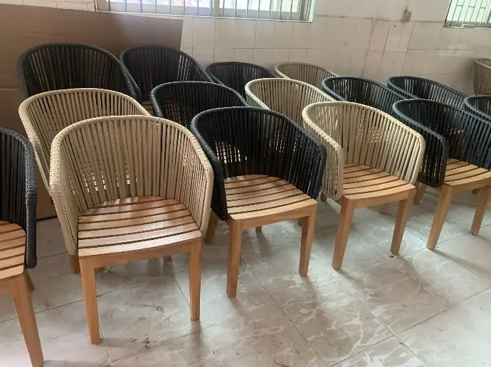 A line of contemporary chairs with wooden seats A series of stylish chairs with wooden seats